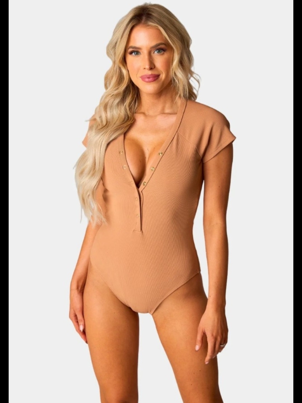 Buddy Love Mona Short Sleeve Ribbed Swimsuit-Sand